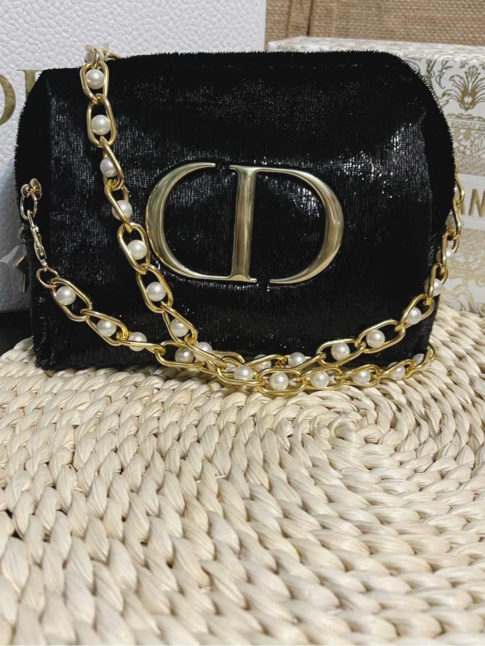 Dior Black Velvet CD Shoulder Bag with Gold Pearl Chain